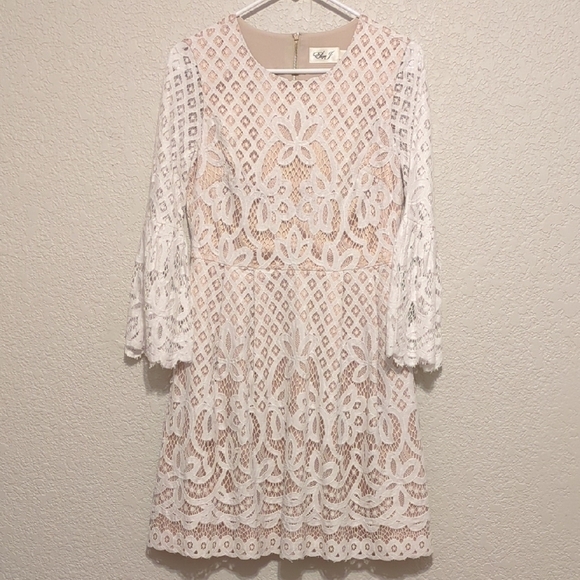 Eliza J nude white lace long bell sleeve fit and flare a line mini dress - Picture 2 of 6